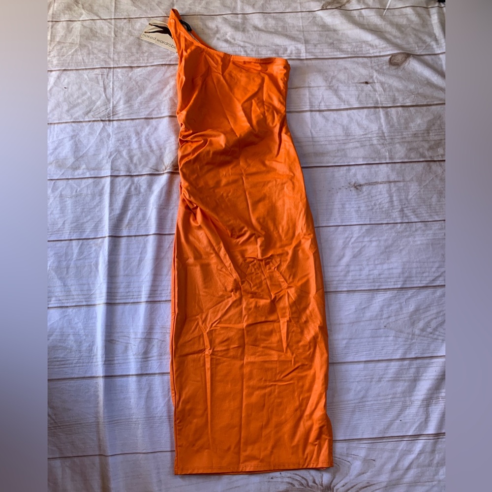 Naked Orange Faux Leather Side Slit One Shoulder Dress Size Medium